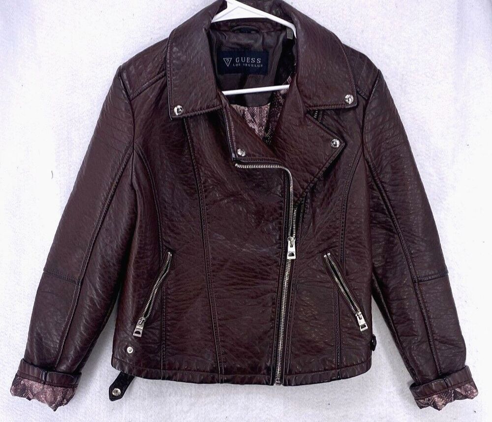GUESS Asymmetric Faux Leather Moto Jacket Womens Brown Wine Snakeskin Lining